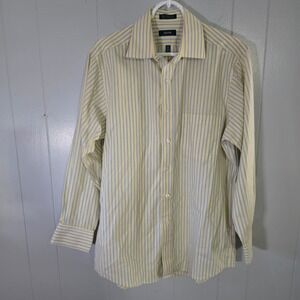 IZOD Mens Medium 15.5 32/33 Yellow Blue Stripe 100% Cotton Twill Easy Care Shirt